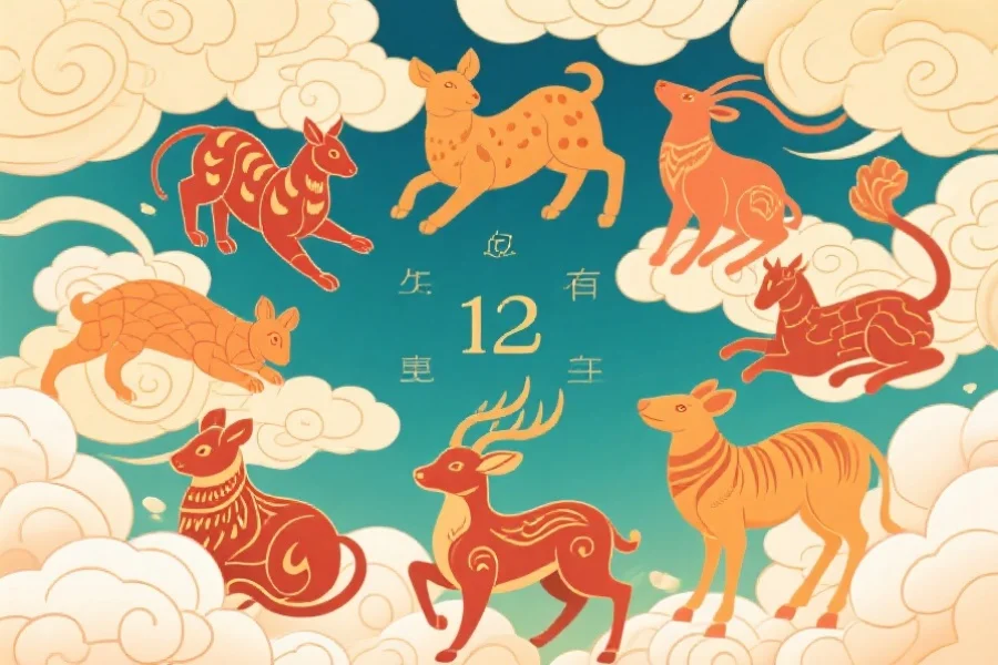 中国传统文化中，十二生肖动物与祥云背景，展现吉祥运势气氛